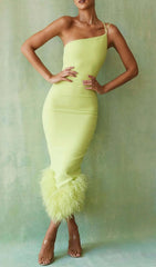 Vibrant Yellow Feather Trim Midi Dress