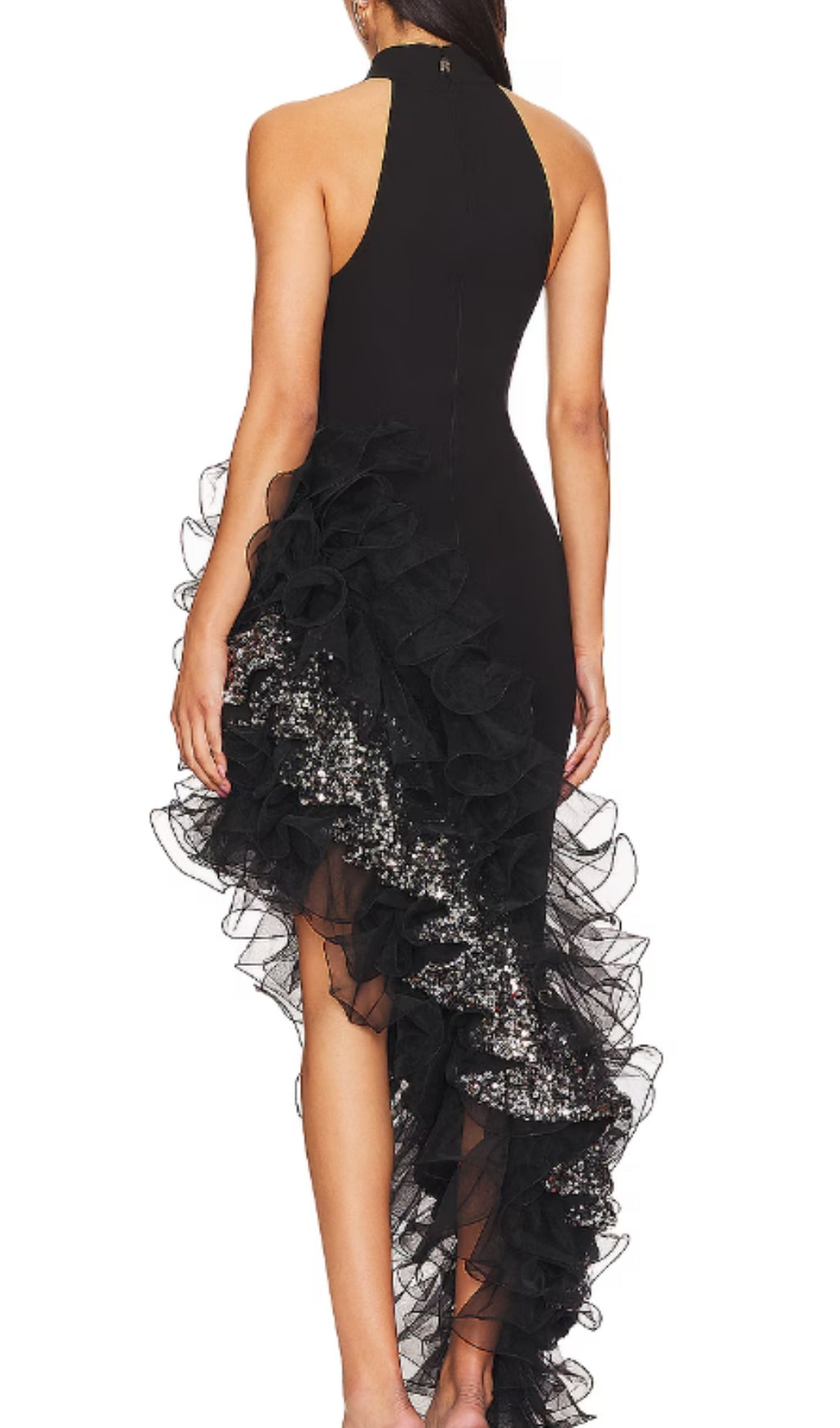 Donny Black Halter Asymmetric Sequin Ruffle Maxi Dress