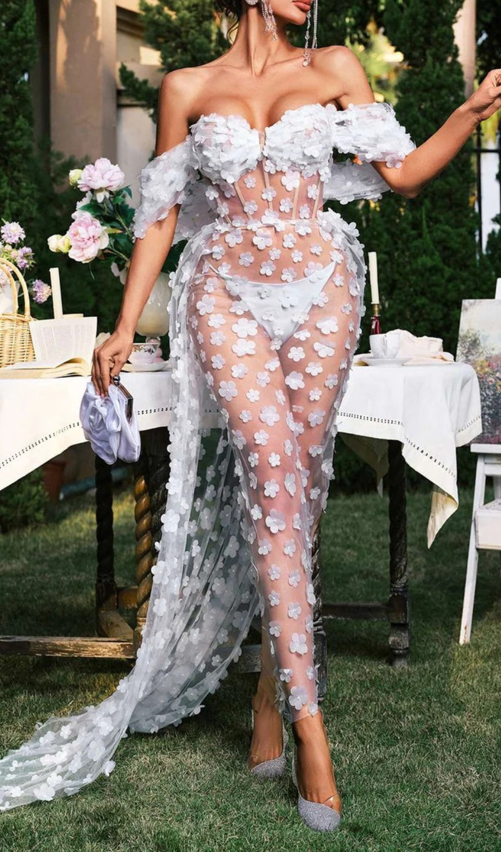 Oksana Dreamy White 3D Floral Sheer Corset Maxi Dress