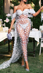 Oksana Dreamy White 3D Floral Sheer Corset Maxi Dress