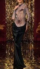 Kjartan Glamorous High Neck Spider Web Velvet Maxi Dress