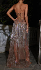 Calum Dazzling Silver Rhinestone Sequin Strapless Maxi Gown