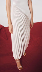 Elegant White Draped Neck Pleated Midi Dress