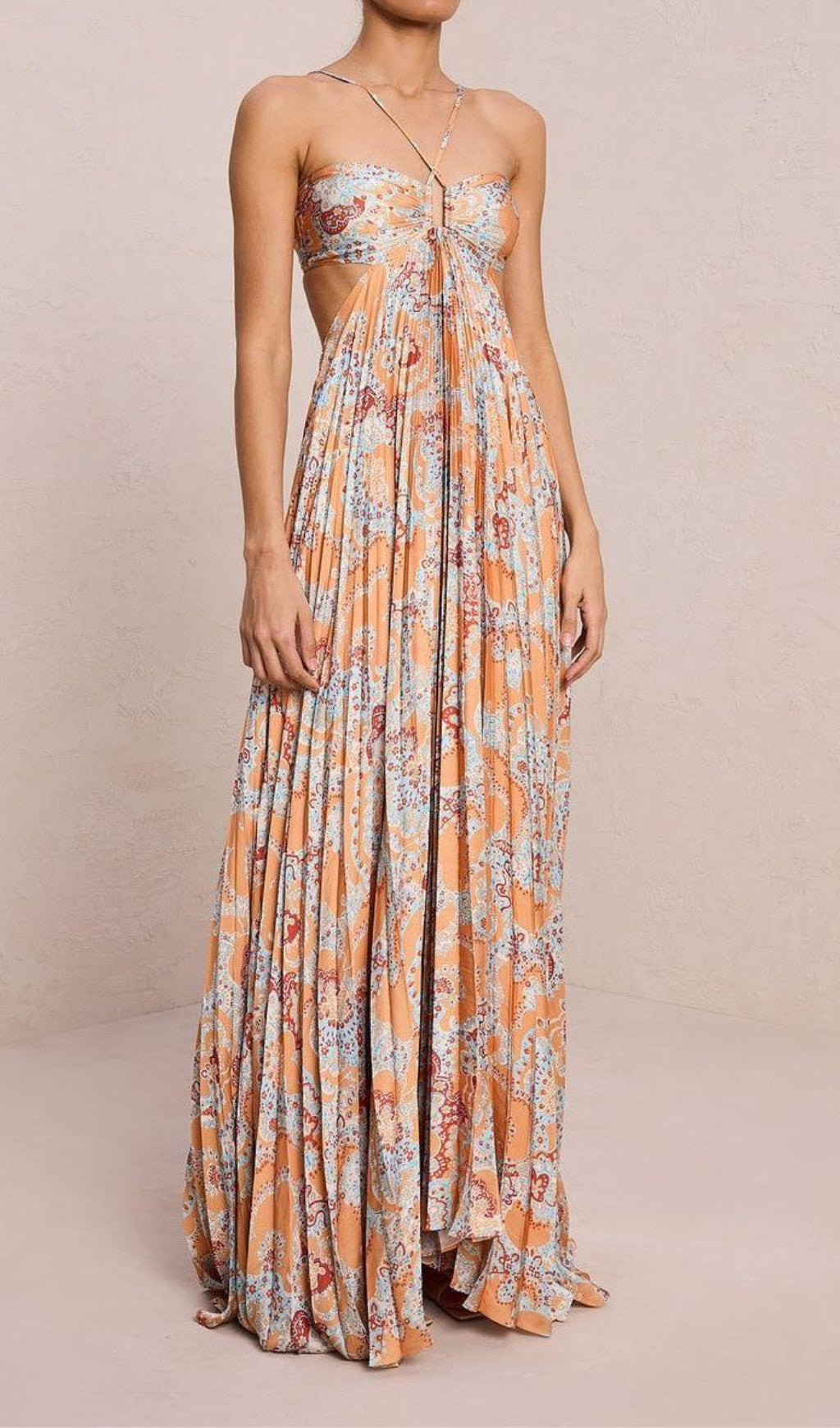 Dorisa Boho Chic Printed Pleated Backless Maxi Dress