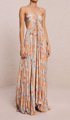 Dorisa Boho Chic Printed Pleated Backless Maxi Dress