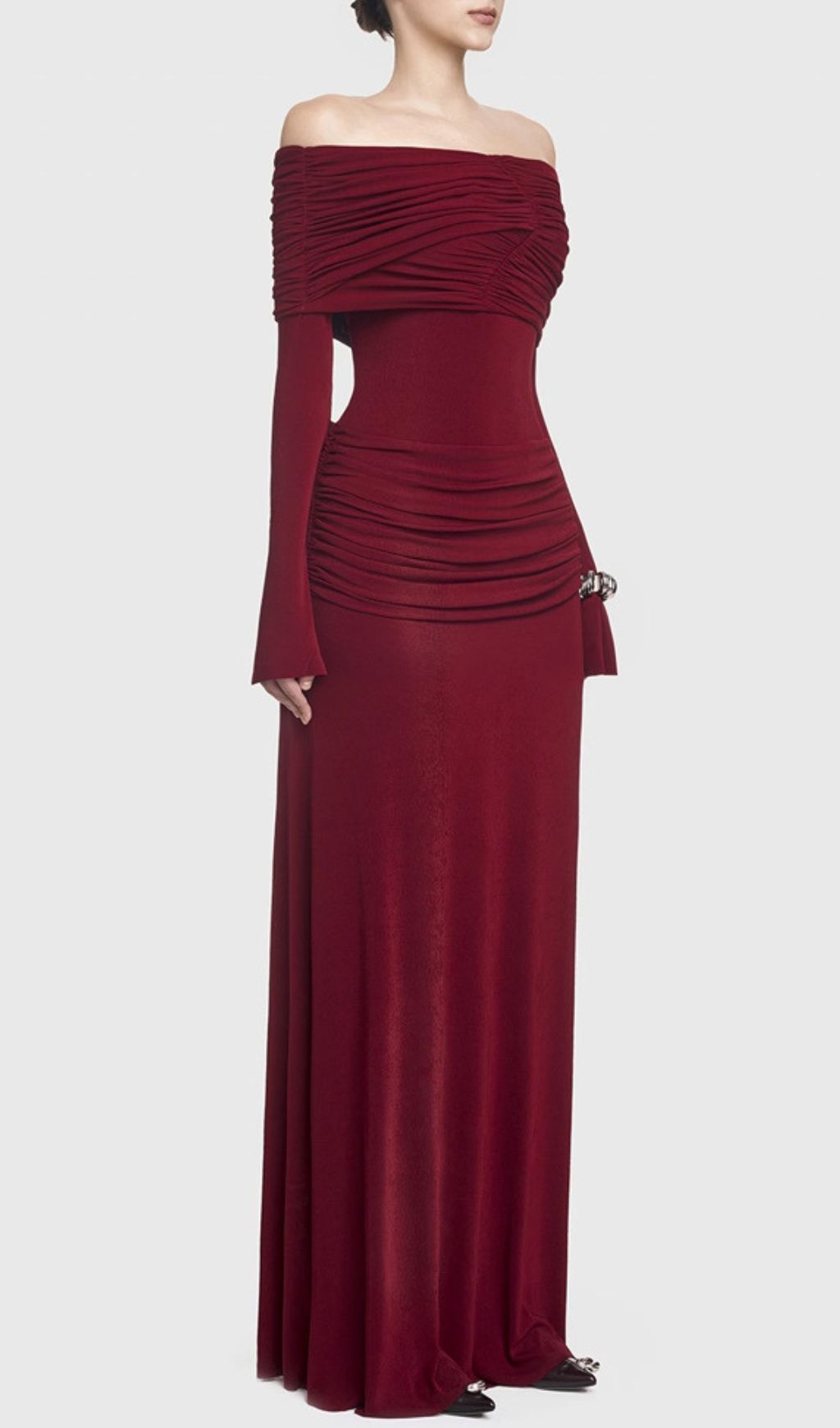 Stunning Gala Wine Off-Shoulder Ruched Maxi Dress