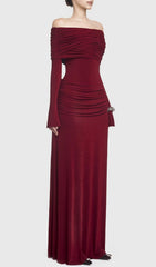 Stunning Gala Wine Off-Shoulder Ruched Maxi Dress