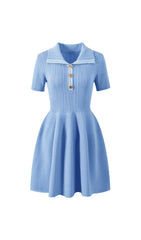 Etta Chic Sky Blue Ribbed Knit Polo Mini Dress for Women