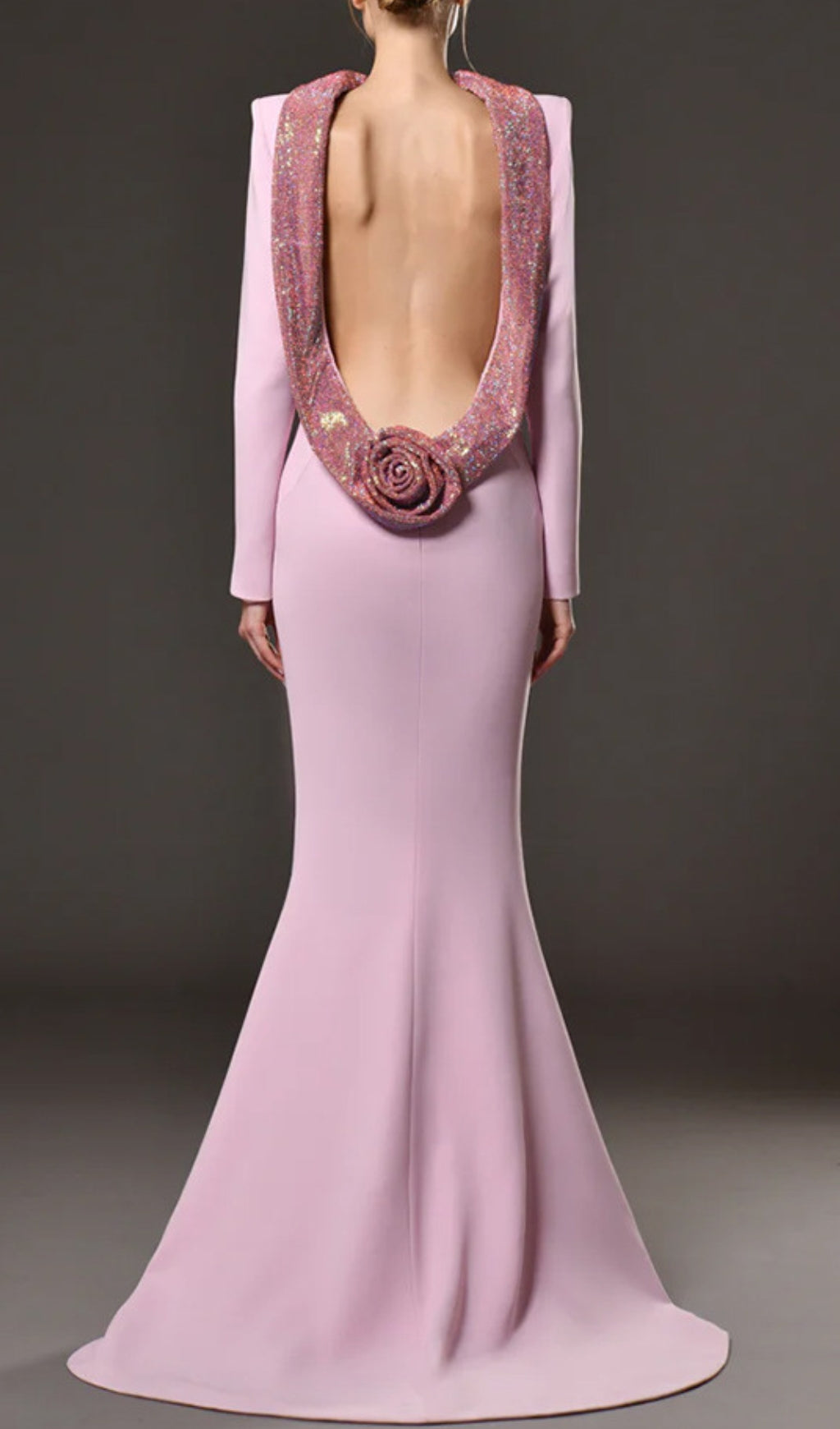 Daire Glamorous Sequin Rose Open-Back Long Sleeve Mermaid Gown