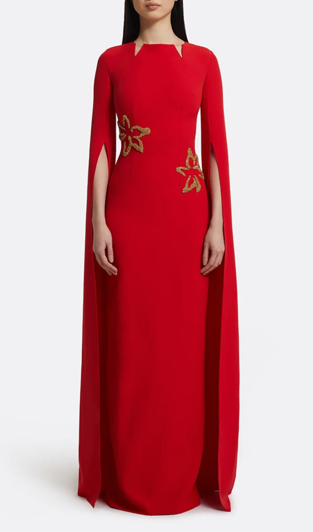 Ellera Red Embellished Maxi Gown with Elegant Cape Sleeves