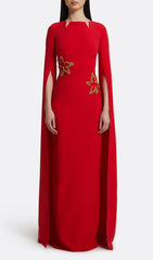 Ellera Red Embellished Maxi Gown with Elegant Cape Sleeves