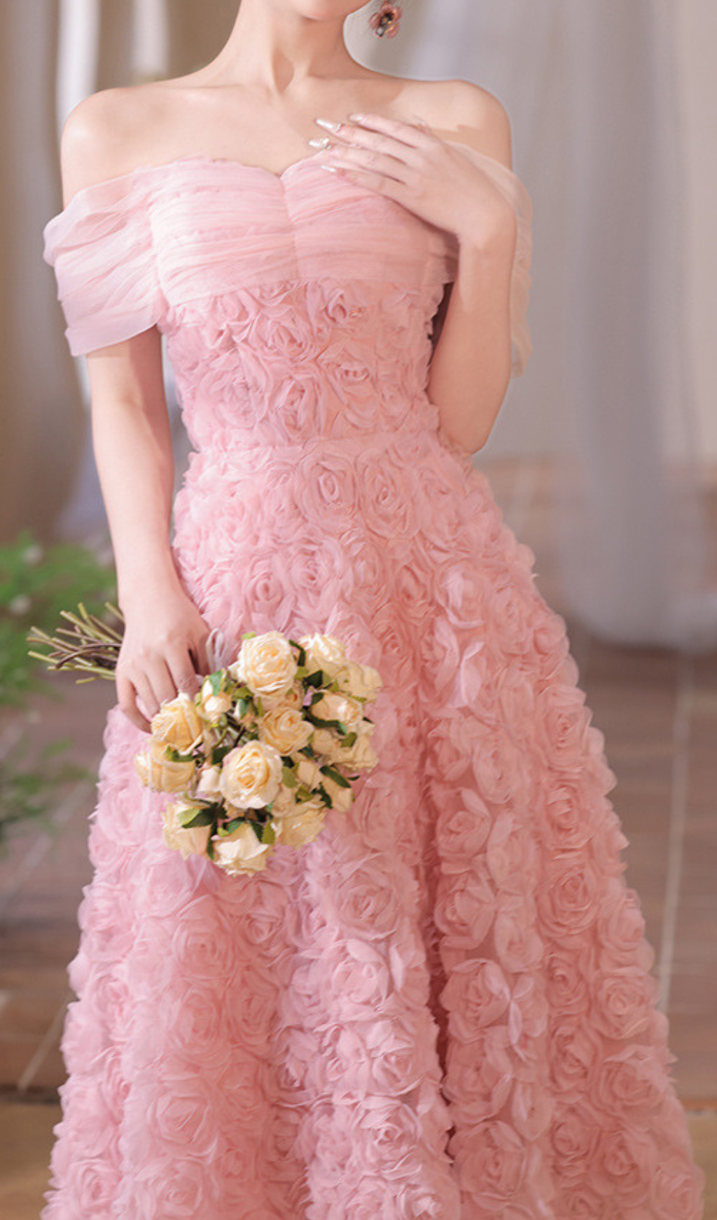 Giovani Romantic Pink Rose Off-Shoulder Midi Dress