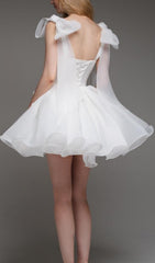 Aminta White Bow Shoulder Mini Dress