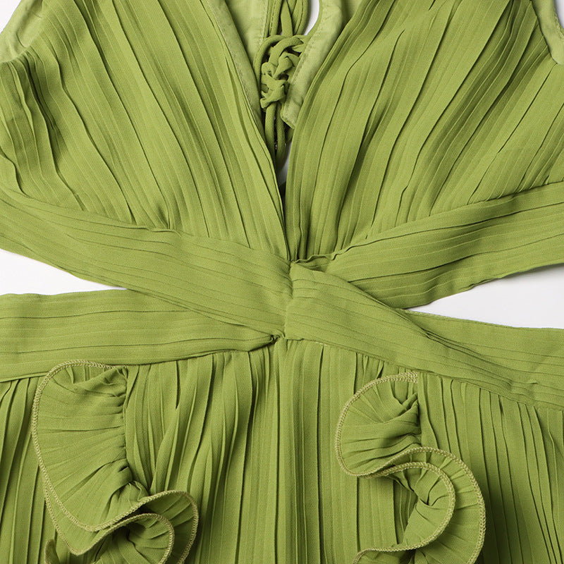 Vibrant Green Deep V-Neck Pleated Maxi Dress with Leafy Ruffle Slit