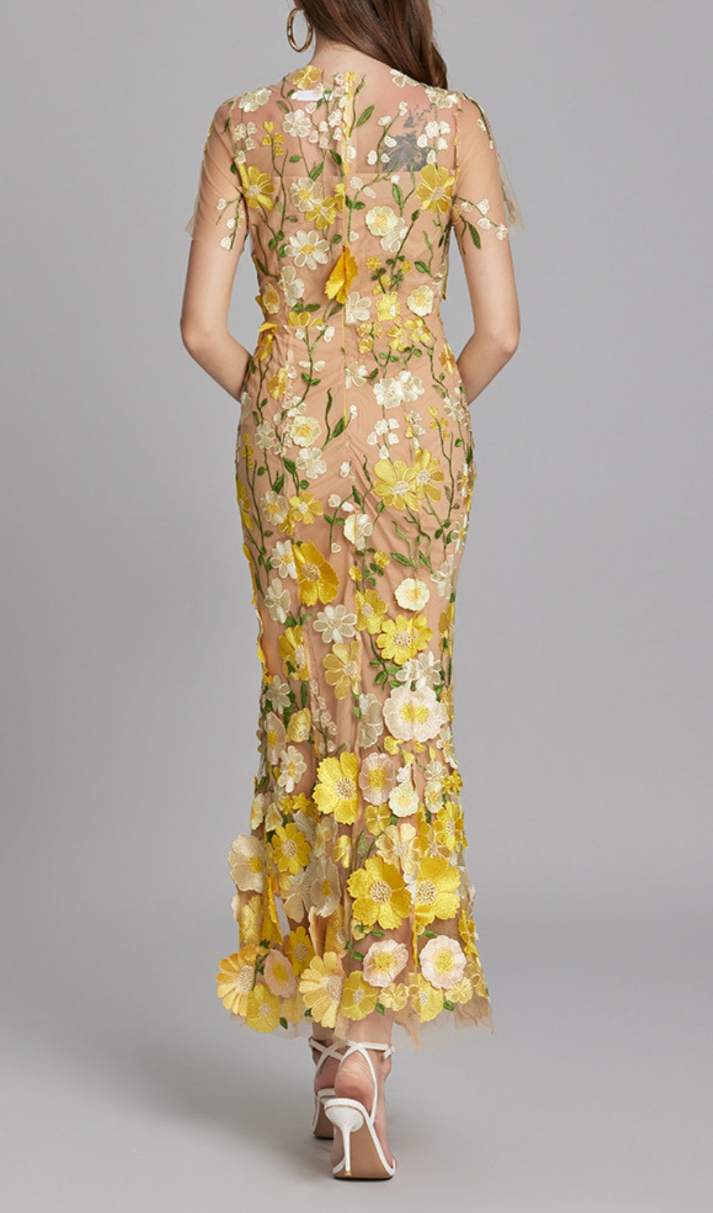 Elegant Yellow Floral Embroidered Sheer Mesh Fishtail Midi Dress