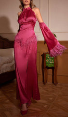 Astra Pink Halterneck Feathered Satin Gown