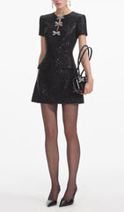 Black Sequin Boucle Mini Dress with Diamant Bows