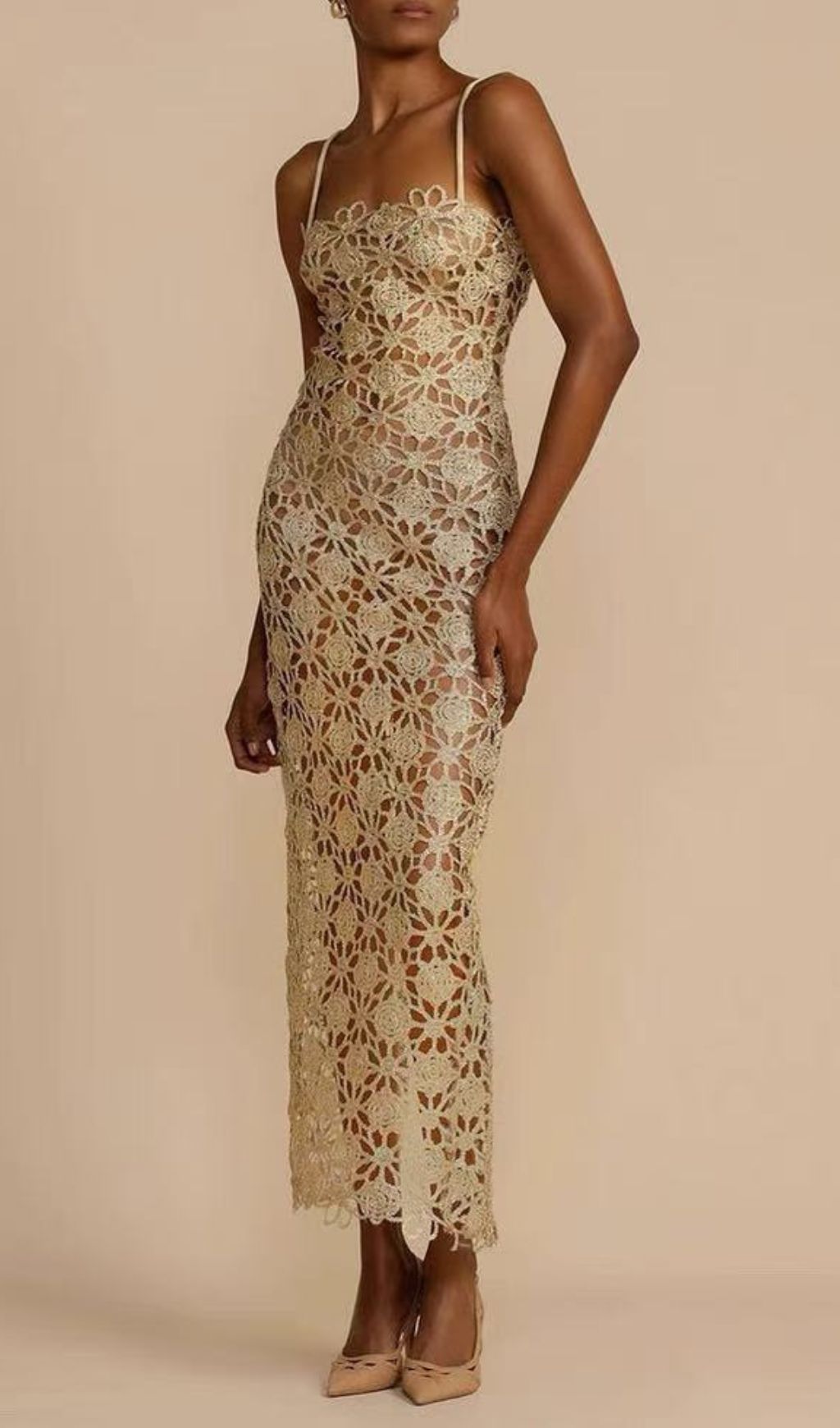 Kakalina Golden Crochet Maxi Dress