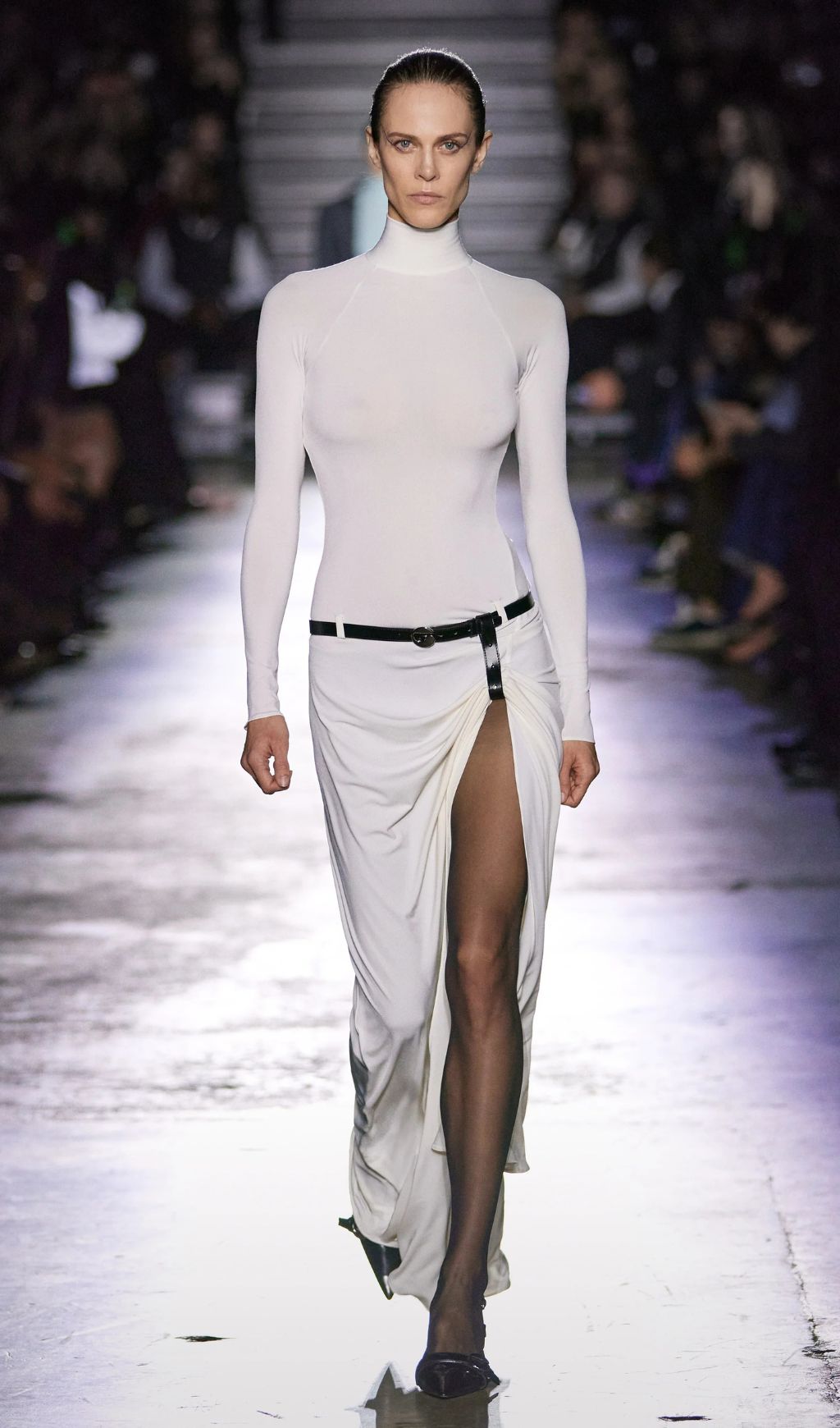Fedora White Long Sleeve Turtleneck Draped Maxi Dress with Belt