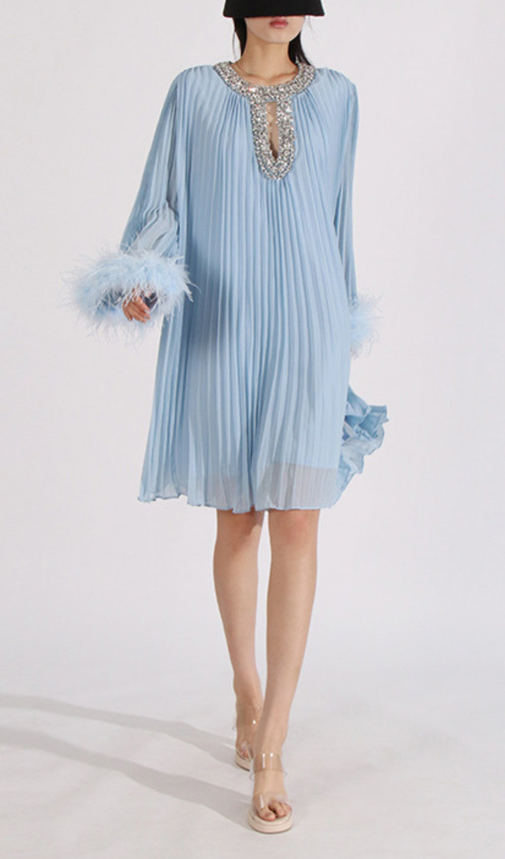Dazzling Sky Blue Pleated Mini Dress with Feather Cuffs & Crystal Neckline