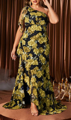 Heizle Chic Plus Size One-Shoulder Golden Rose Maxi Dress