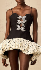 Davina Glamorous Black & Polka Dot Mini Dress with Sparkle Bows