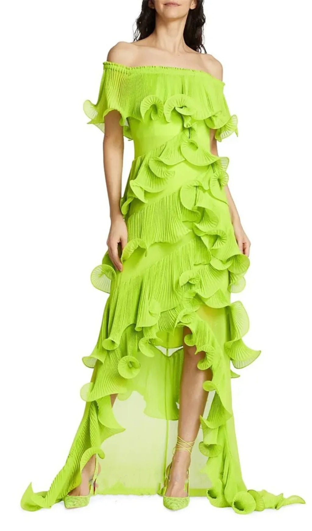 Dyveke Vibrant Lime Green Off-Shoulder Ruffle Maxi Dress