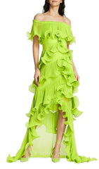 Dyveke Vibrant Lime Green Off-Shoulder Ruffle Maxi Dress