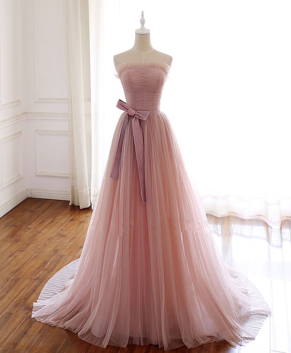 Simple Pink Fashionable Scoop Tulle Long Wedding Party Dress with Bow