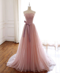 Simple Pink Fashionable Scoop Tulle Long Wedding Party Dress with Bow