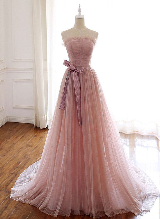 Simple Pink Fashionable Scoop Tulle Long Wedding Party Dress with Bow