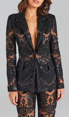 Glamorous Black Sequin Lace Blazer & Flared Pant Suit Set