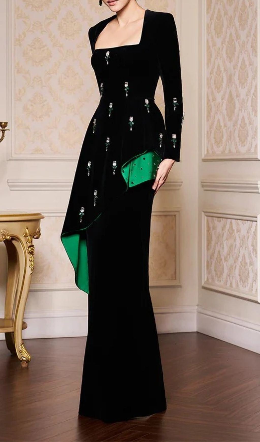 Hedya Black Velvet & Emerald Crystal Statement Maxi Gown