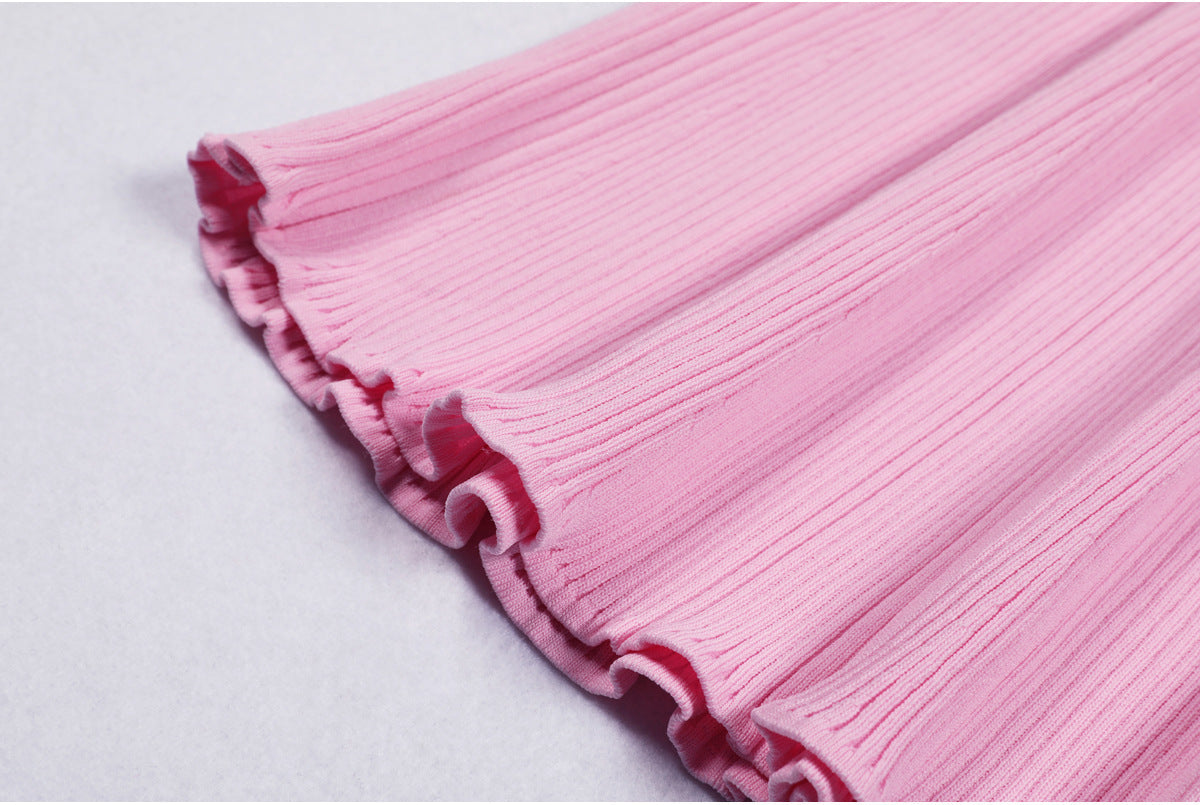 Clidhna Elegant Gold Button Ribbed Knit Midi Dress