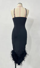Glamorous One-Shoulder Feather Trim Bodycon Maxi Dress
