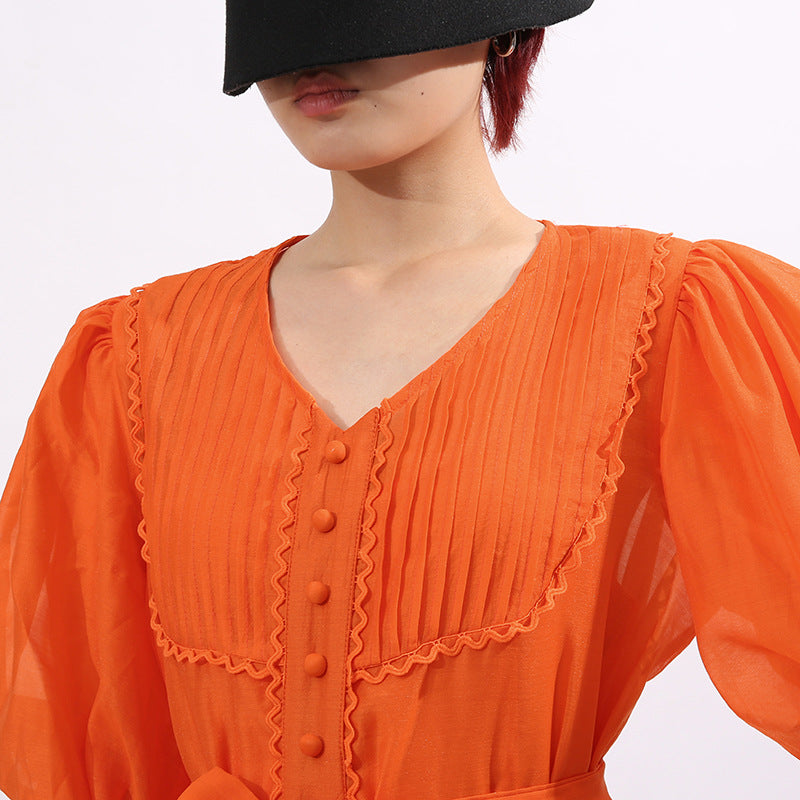 Fausto Vibrant Orange Puff Sleeve Tiered Maxi Dress