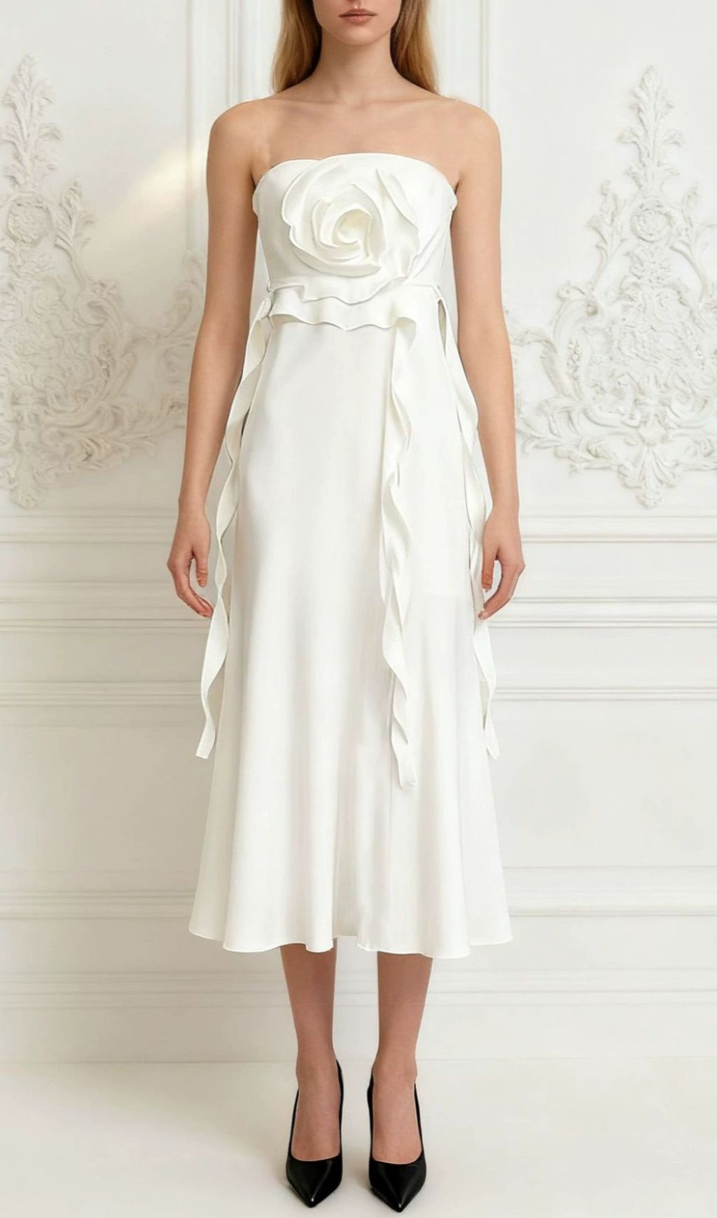 Inga Elegant Strapless 3D Flower Midi Dress