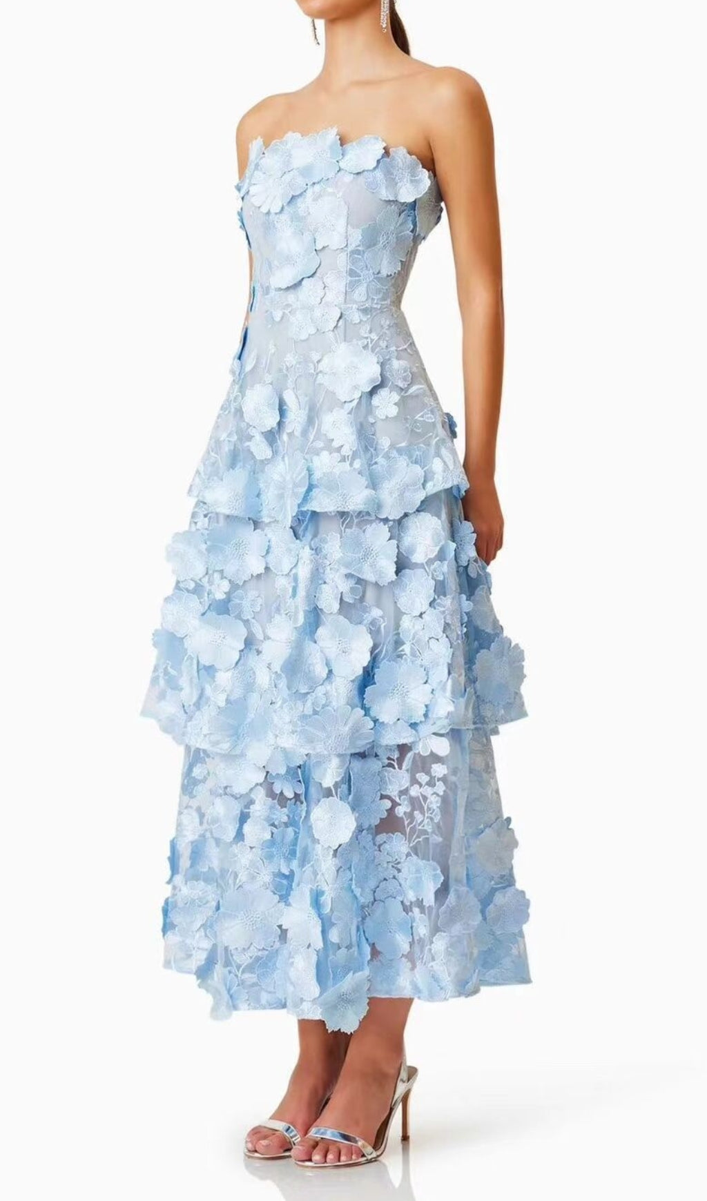 Dreamy 3D Floral Tiered Strapless Midi Dress