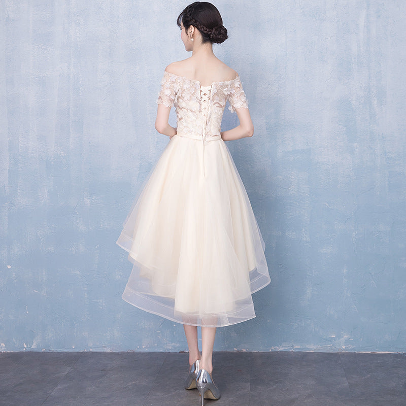 Champagne High Low Off Shoulder Tulle with Lace Prom Dress