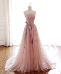 Simple Pink Fashionable Scoop Tulle Long Wedding Party Dress with Bow