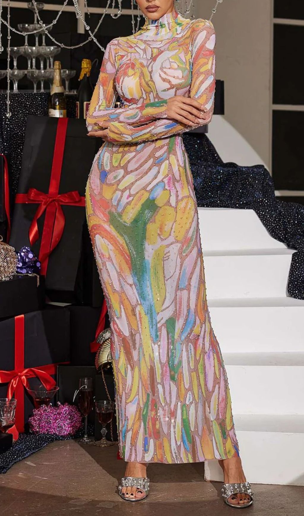 Rupok Dazzling Rhinestone Abstract Print Turtleneck Maxi Dress