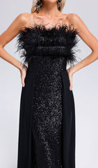 Dazzling Black Feather Sequin Strapless Maxi Gown with Chiffon Overlay