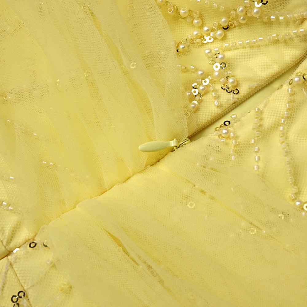 Jermaine Yellow Halter Bow Beaded Maxi Gown