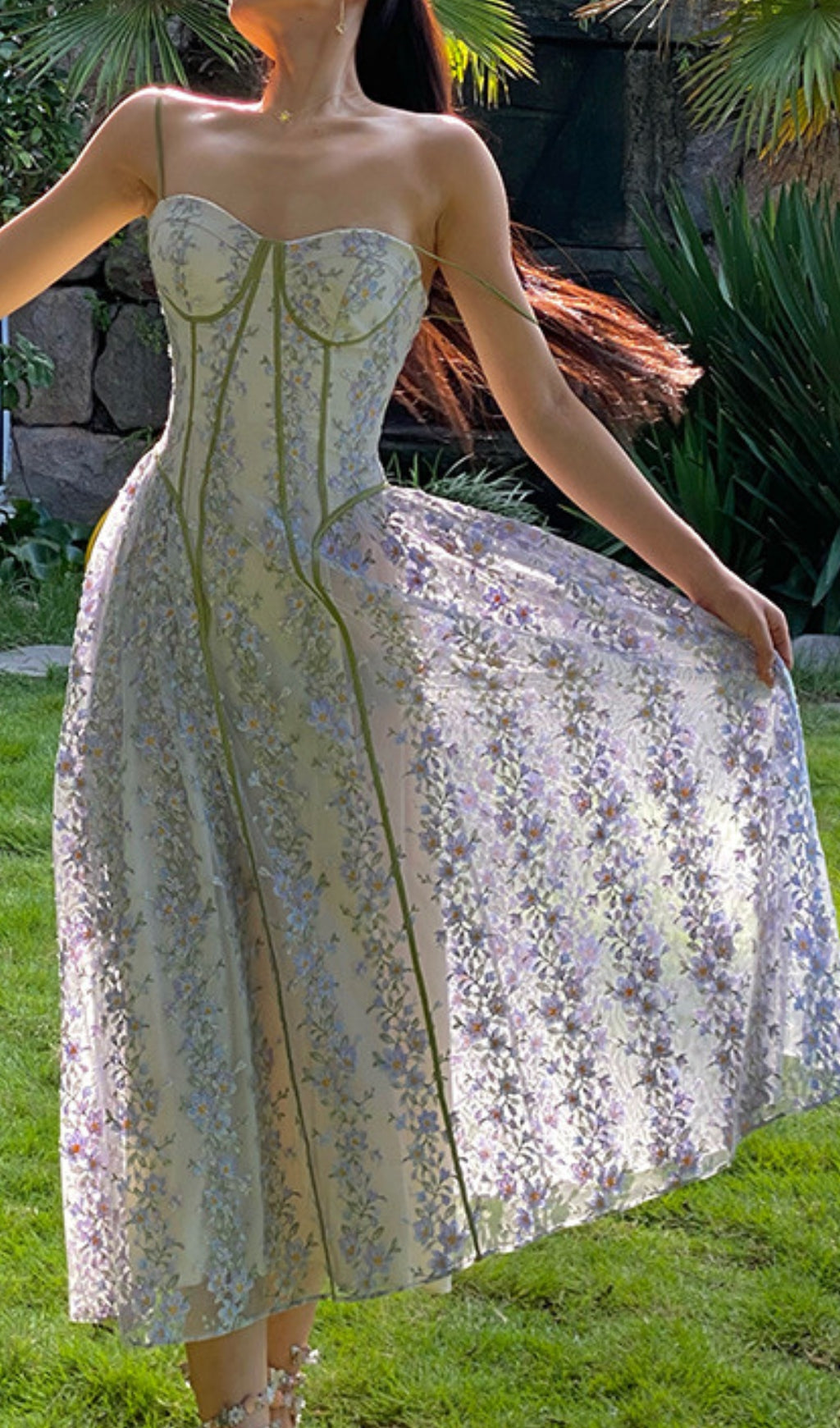 Carda Enchanting Floral Embroidery Corset Midi Dress