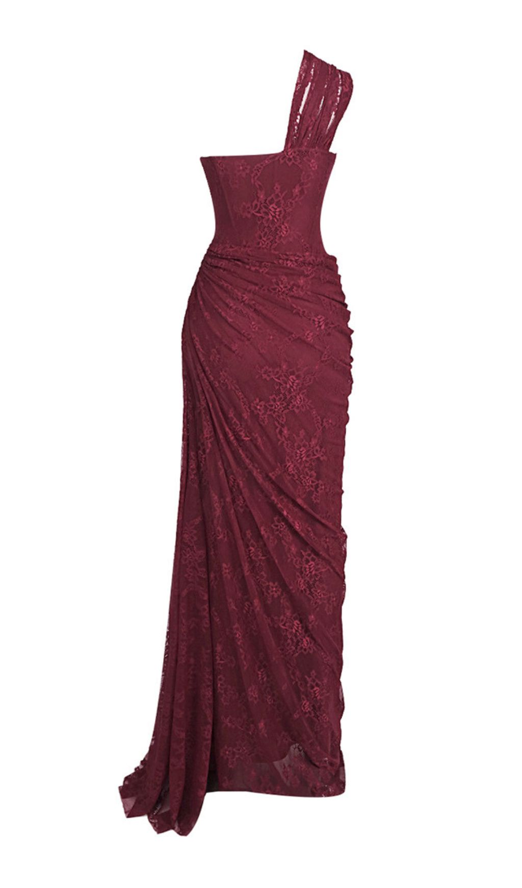 JoJo Wine Lace One-Shoulder Corset Maxi Dress
