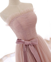 Simple Pink Fashionable Scoop Tulle Long Wedding Party Dress with Bow