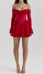 Cale Red Romantic Off-Shoulder Long Sleeve Mini Dress