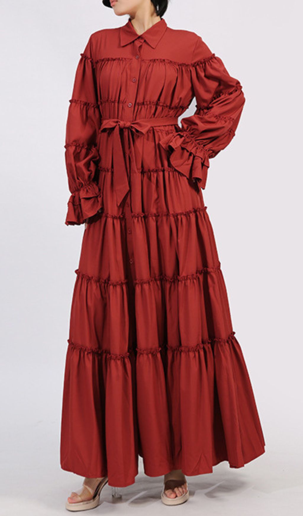 Genaro Deep Red Tiered Maxi Shirtdress with Ruffled Sleeves & Tie Waist