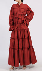 Genaro Deep Red Tiered Maxi Shirtdress with Ruffled Sleeves & Tie Waist