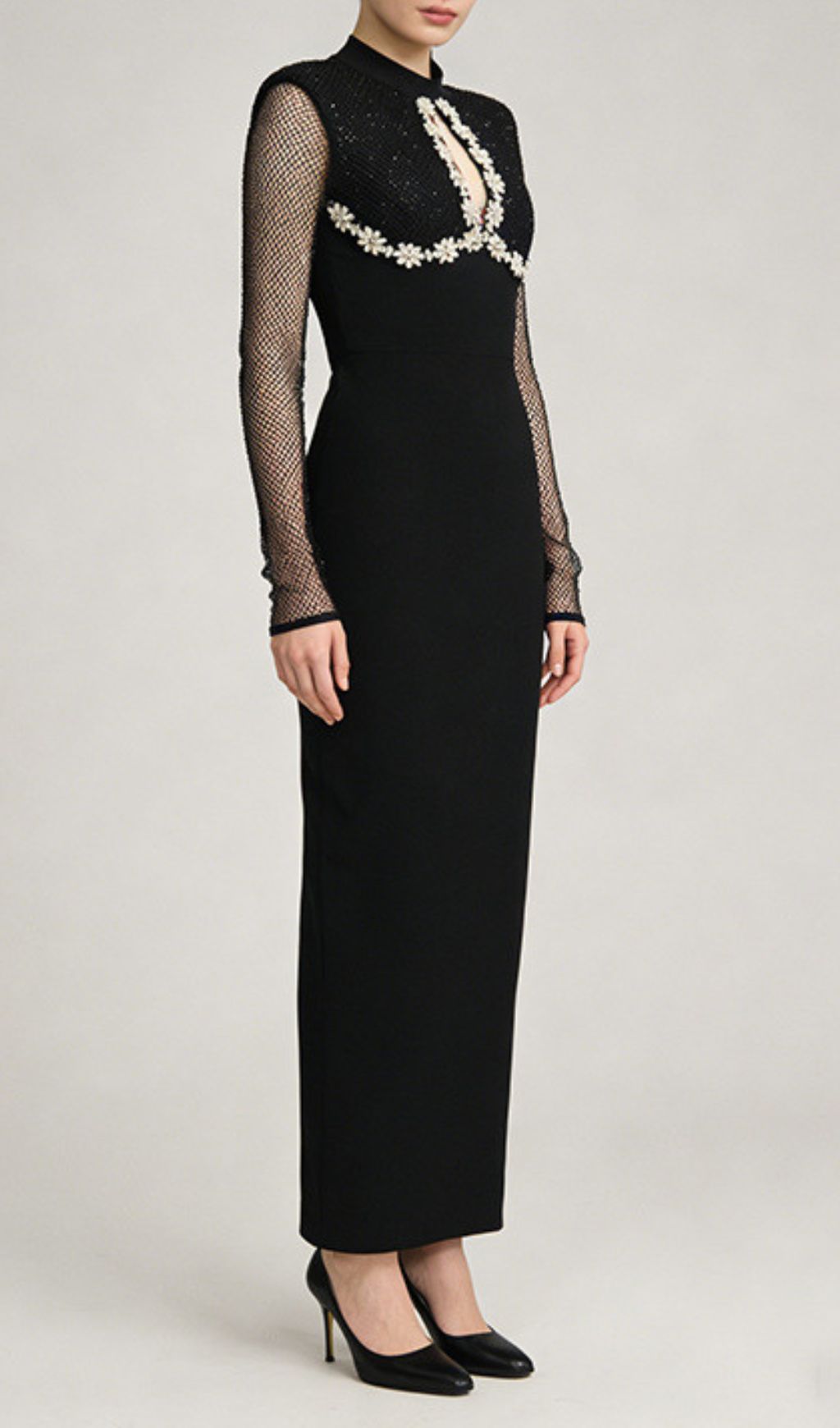 Jaliyah Black Embellished Mesh Sleeve Maxi Dress